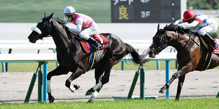 京都新聞杯を制した藤岡佑介騎手騎乗のジューンテイク。右は2着ウエストナウ＝2024年5月4日、京都競馬場