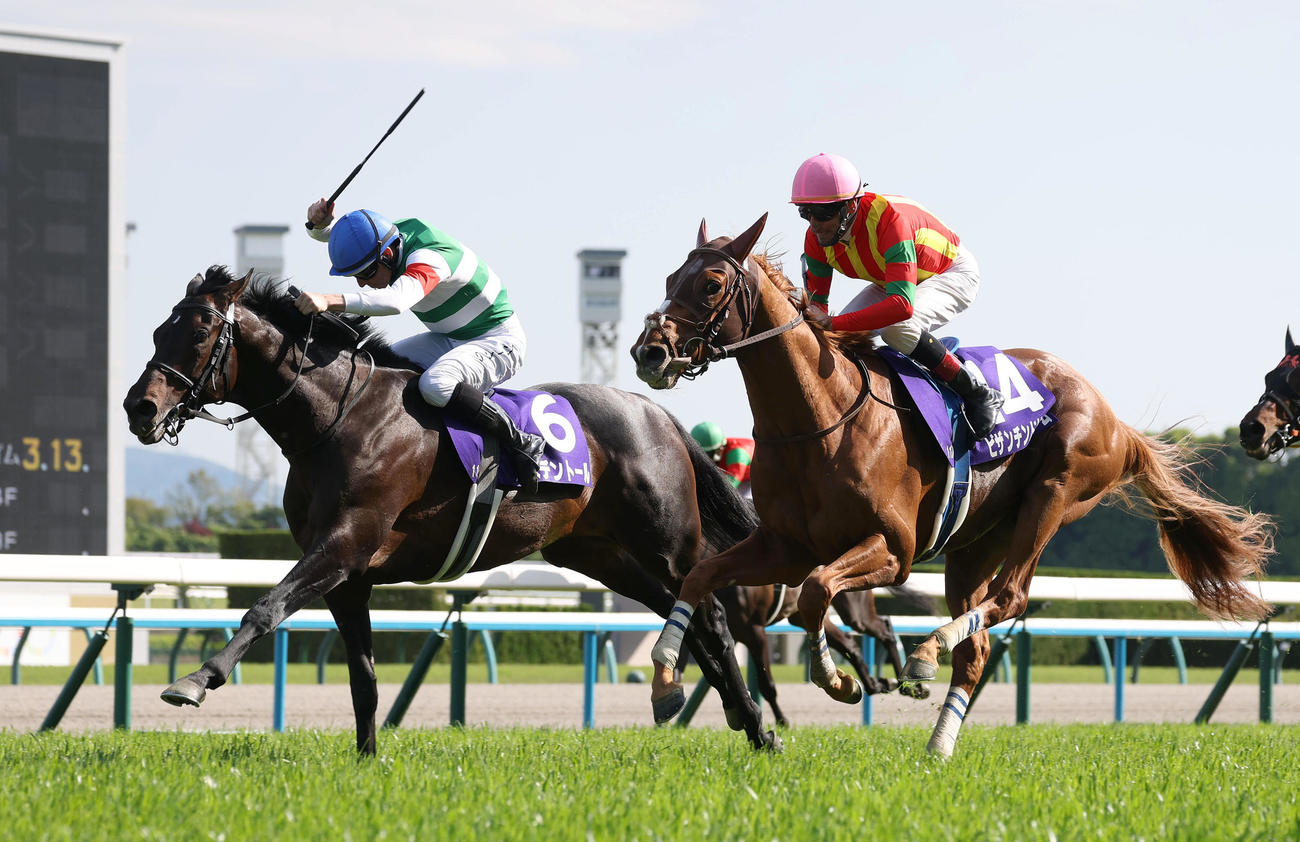 京都11R、ビザンチンドリーム（右）を頭差退けて天皇賞・春を制したヘデントール（撮影・白石智彦）