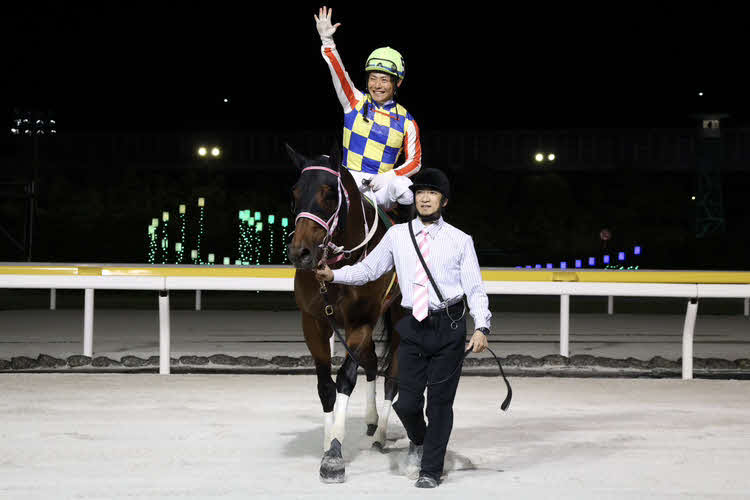かしわ記念連覇を飾ったシャマルと右手を掲げた川須騎手