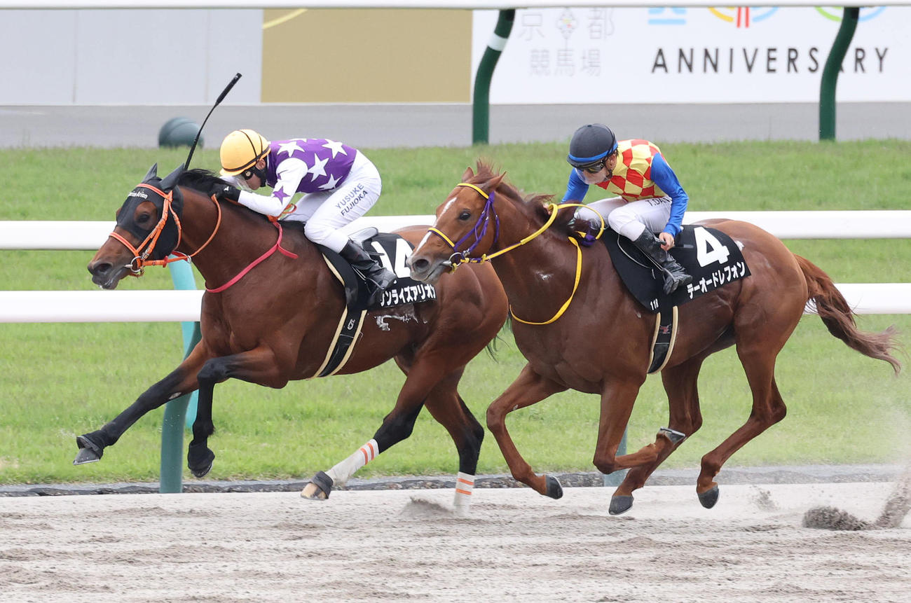 京都11R、逃げ切って平城京Sを制したサンライズアリオン（左）（撮影・白石智彦）