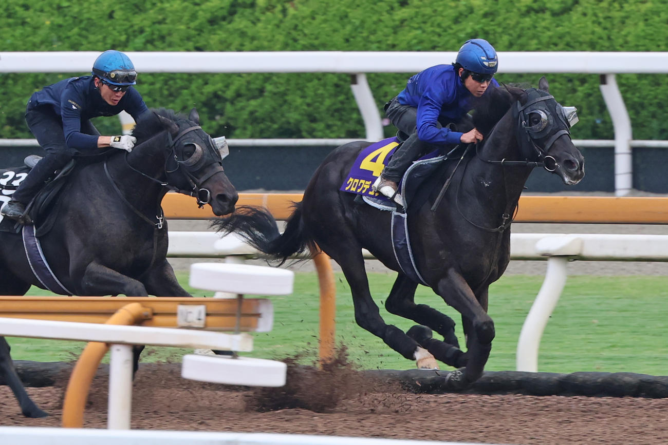 北村友騎手が騎乗し、併せ馬に先着するクロワデュノール（右）
