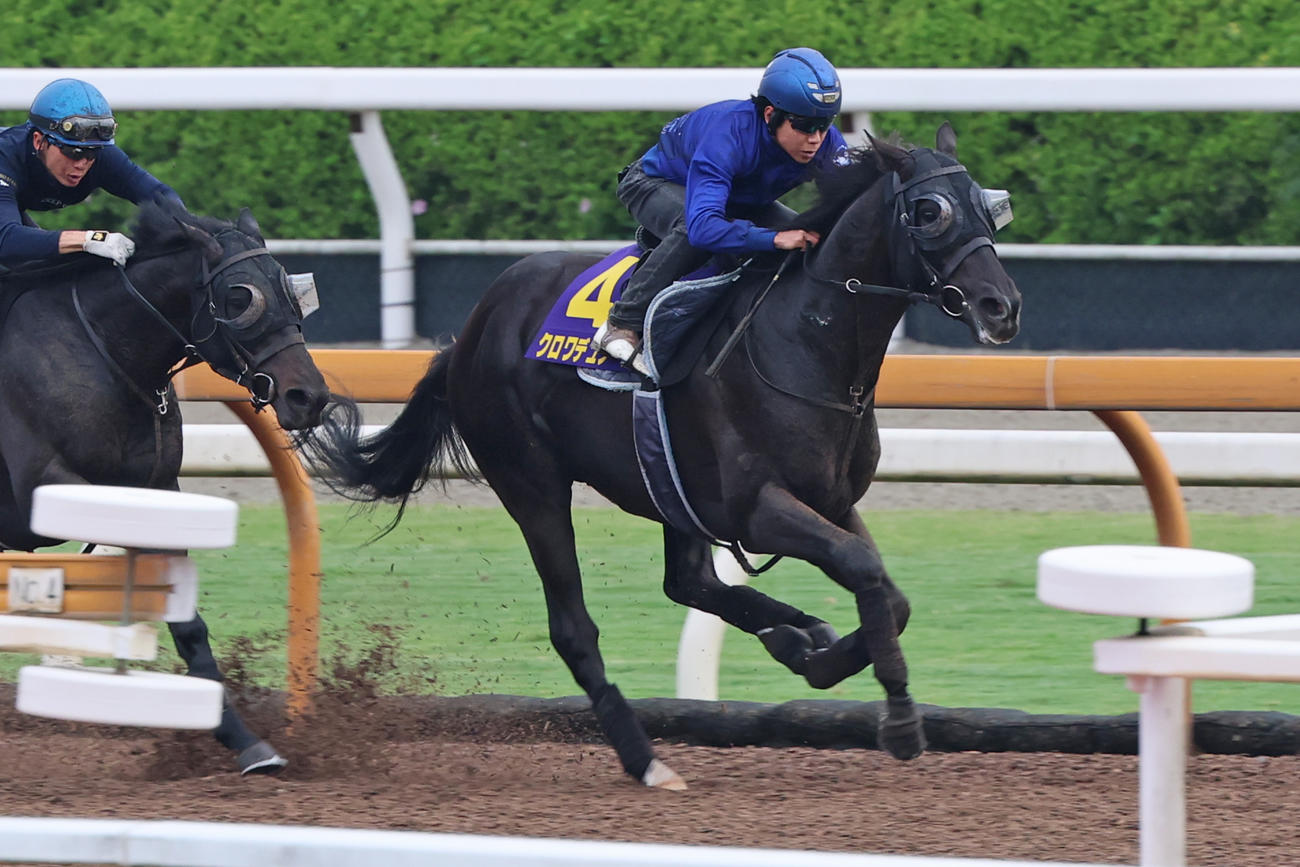 北村友一騎手が騎乗し、併せ馬に先着するクロワデュノール（右）