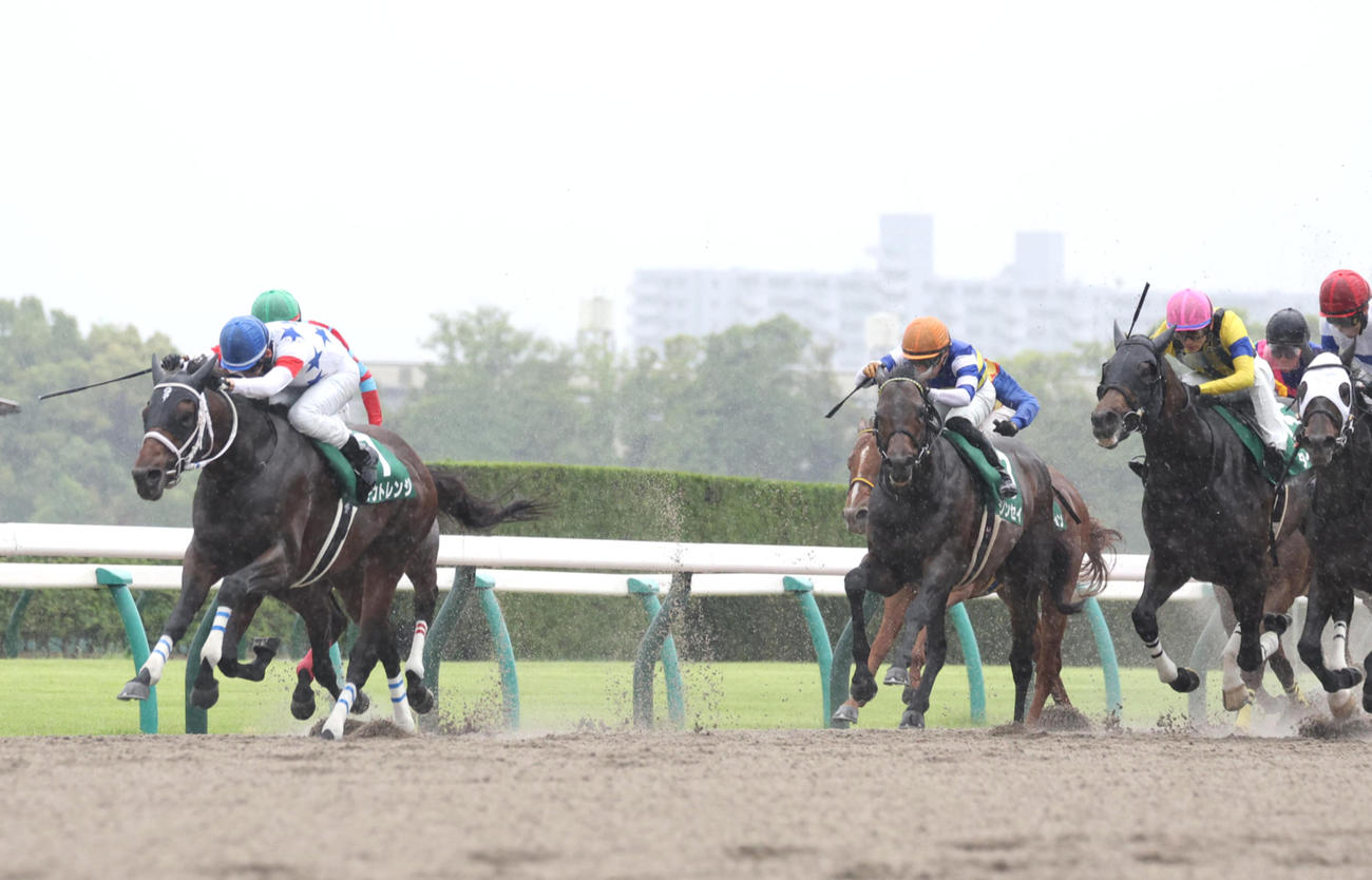 直線抜け出して平安Sを制したアウトレンジ（左）（撮影・白石智彦）