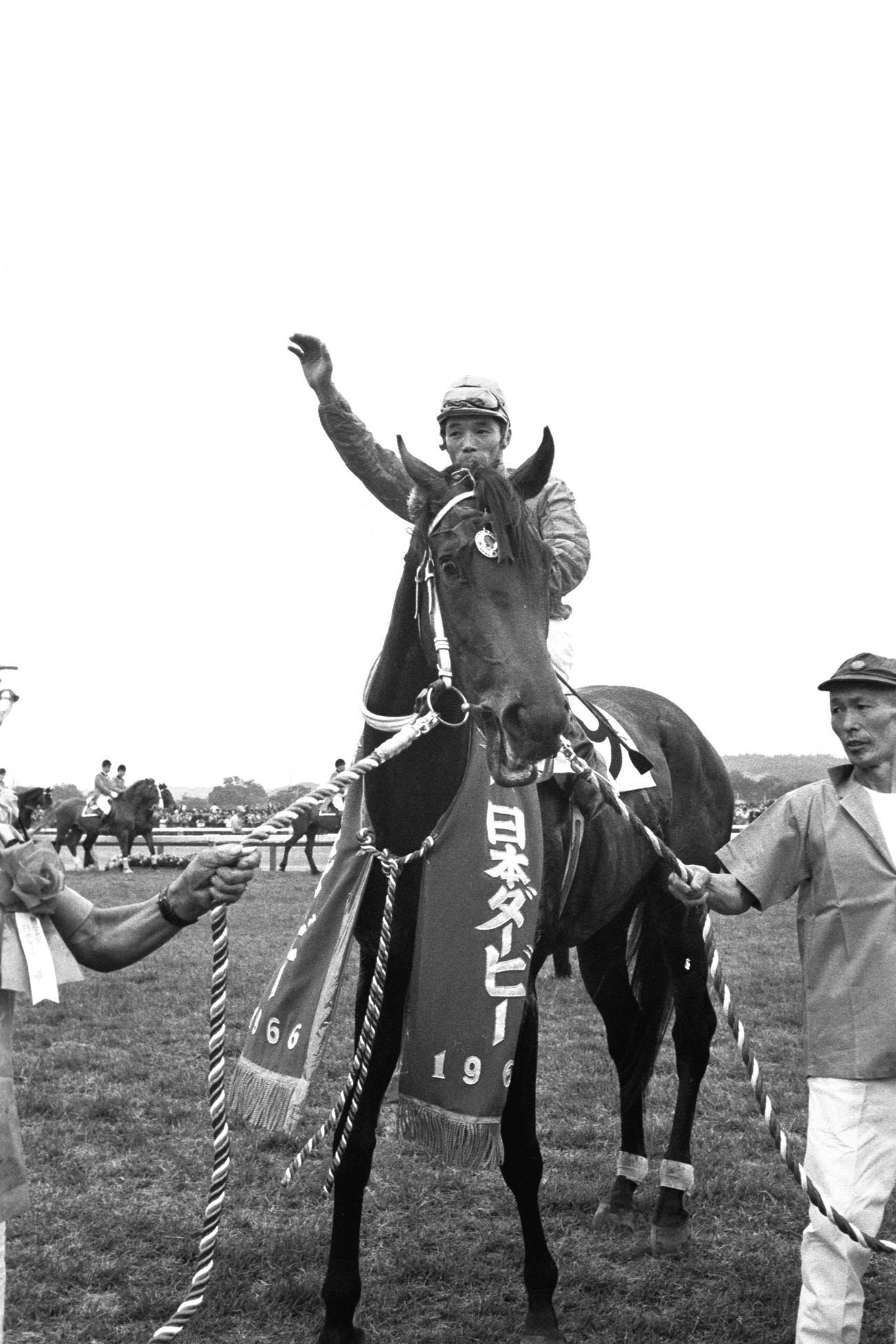 1966年、第33回日本ダービーを制したテイトオーと清水久雄騎手