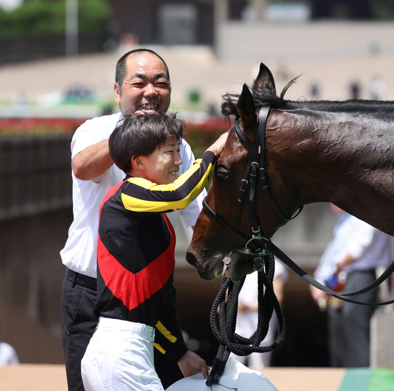 東京1R、障害3歳上未勝利戦制したジオフロントの頭をなでる鷲頭騎手は、担当の厩務員さんから頭をなでられる（撮影・丹羽敏通）
