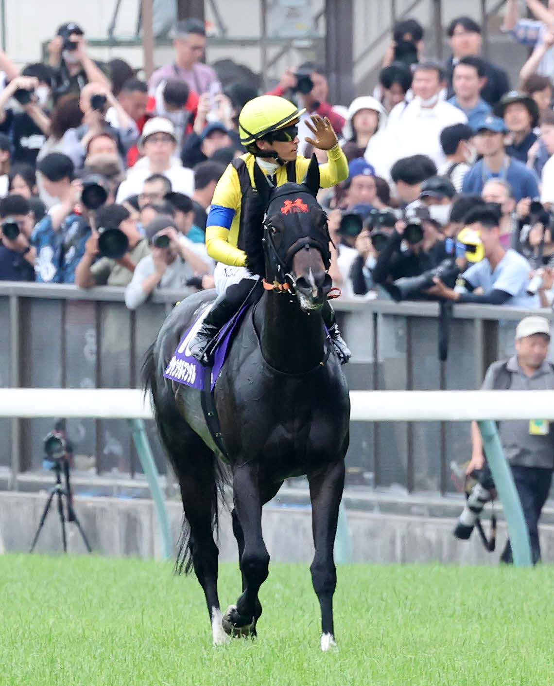 ジャンタルマンタルで安田記念を制しファンの声援に応える川田騎手（撮影・鈴木正人）