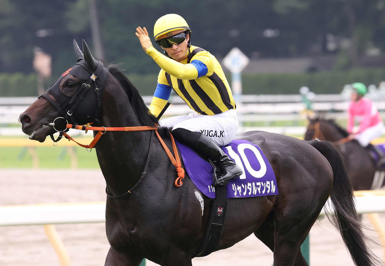 安田記念をジャンタルマンタルで制して、声援に応える川田騎手（撮影・丹羽敏通）