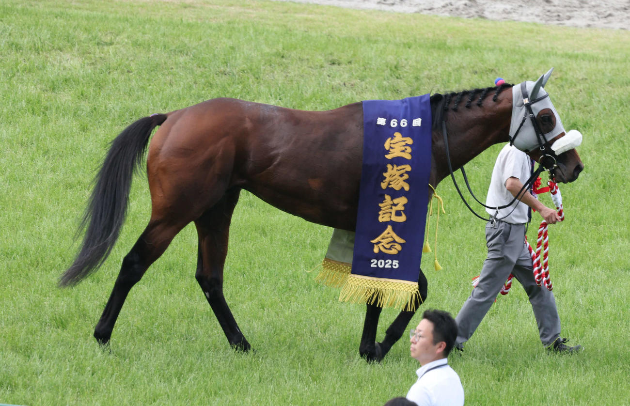 阪神11R　宝塚記念の優勝レイをかけられたメイショウタバル（撮影・西尾就之）