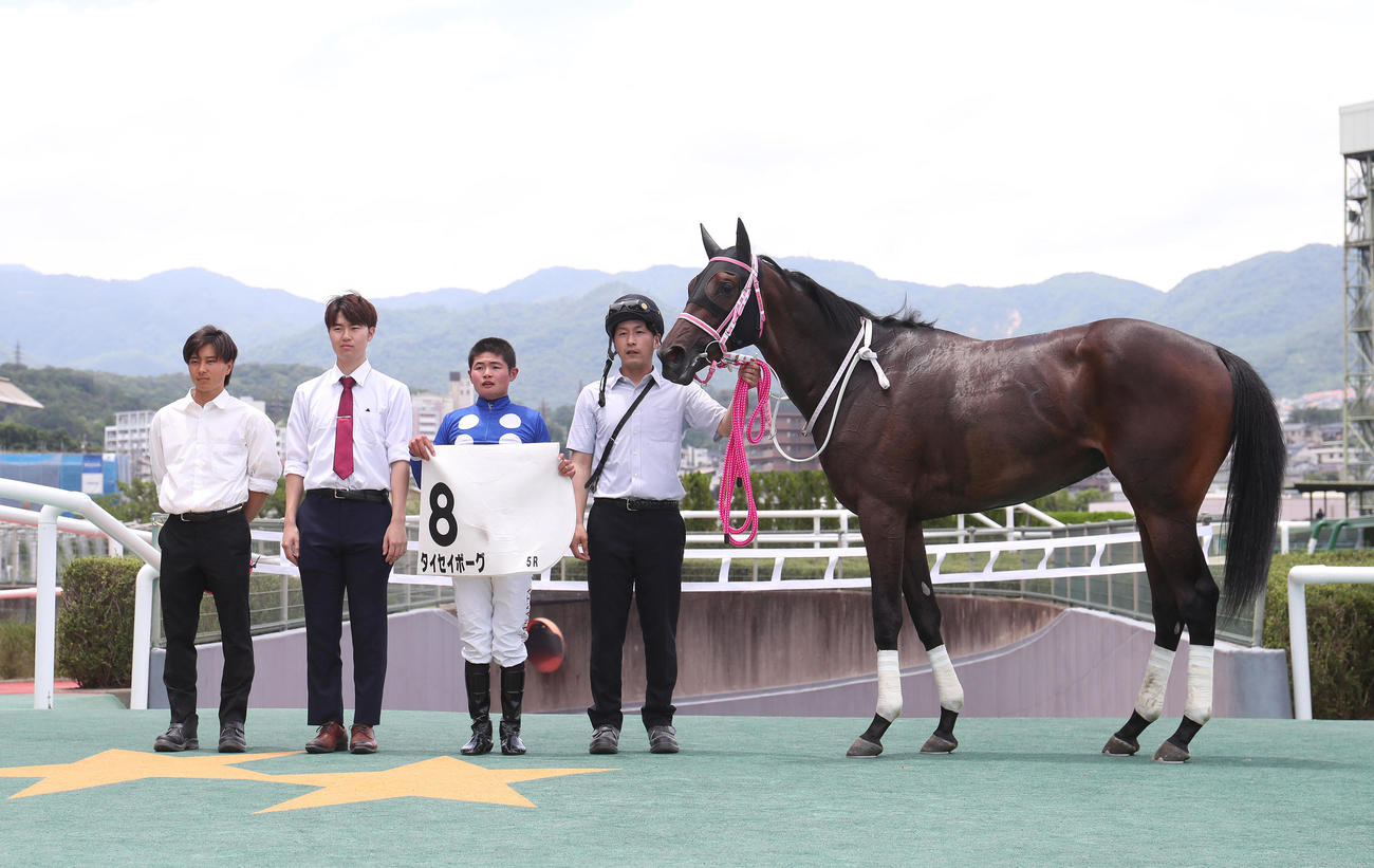 阪神5R、新馬戦を勝利したタイセイボーグと口取りに並ぶ田口騎手（右から2人目）（撮影・白石智彦）