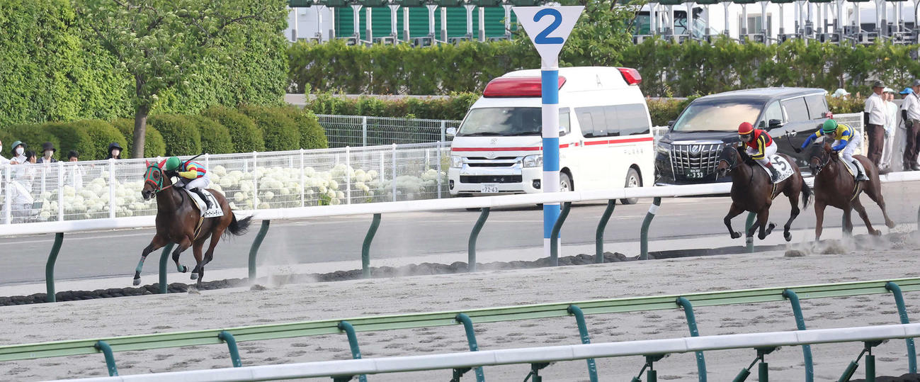 福島12R3歳上1勝クラスで7馬身差快勝のオーケーバーディーと横山琉騎手（撮影・丹羽敏通）