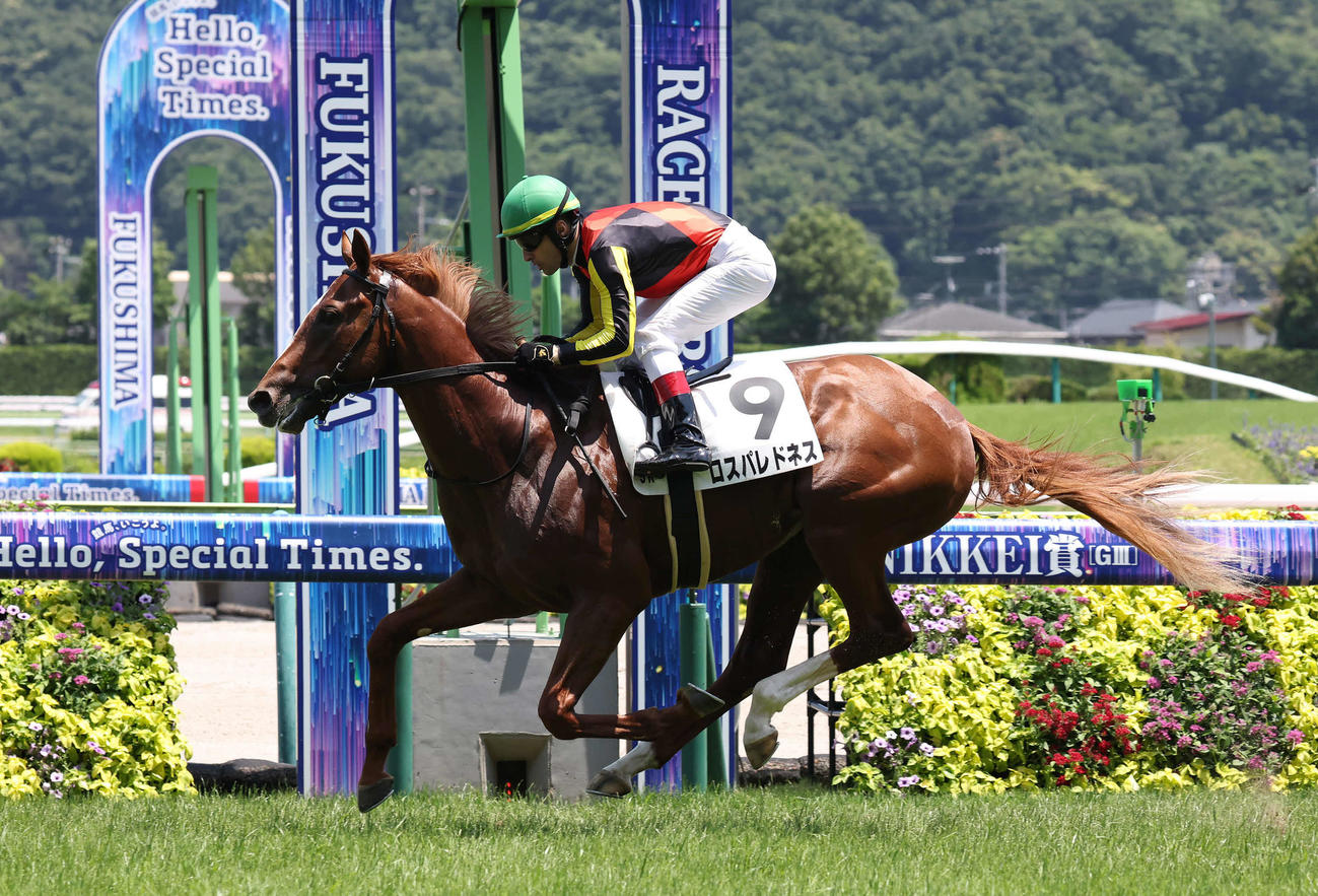 福島5R新馬戦を制したロスパレドネスとルメール騎手（撮影・丹羽敏通）