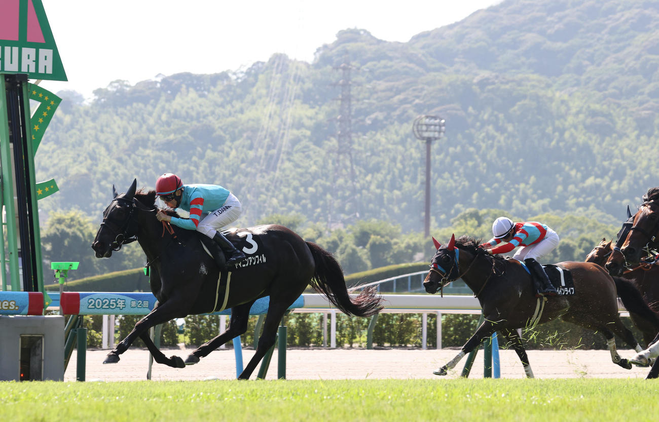 小倉11R、佐世保Sを制するヤマニンアンフィル（左）と団野騎手（撮影・梅根麻紀）