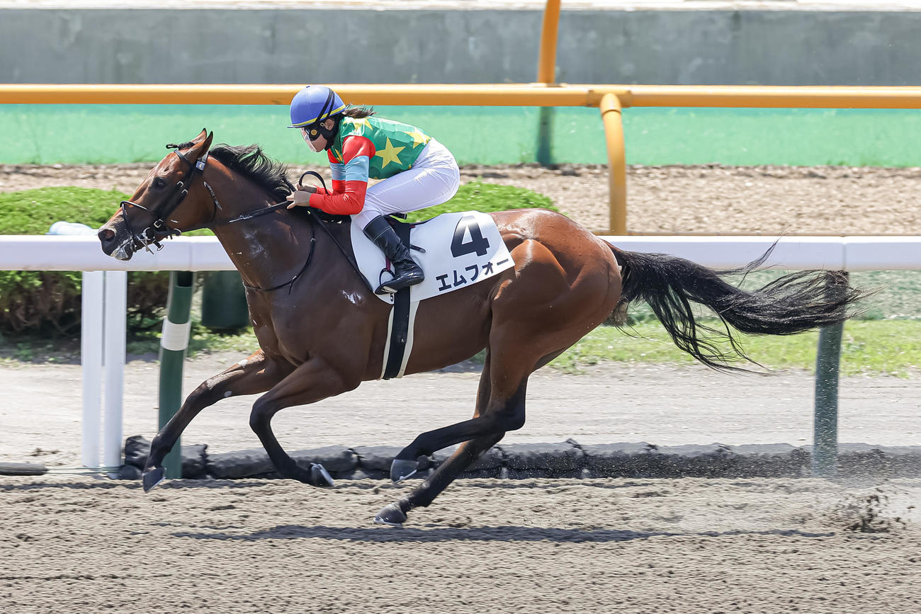 函館5R、レコードタイムでデビュー戦を制したエムフォーと小林美騎手（撮影・村野早祐）