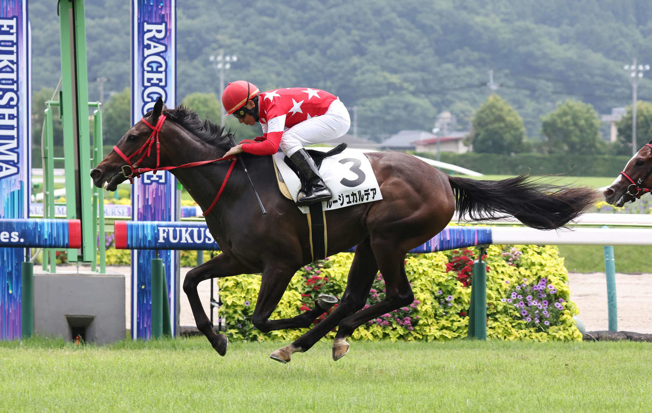 福島3R、2歳未勝利戦を制したルージュカルデアと横山典騎手（撮影・丹羽敏通）