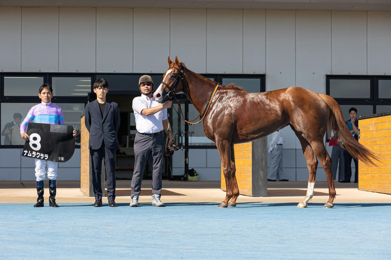 函館11R、TVh杯を制したナムラクララの口取りをする浜中騎手（撮影・村野早祐）