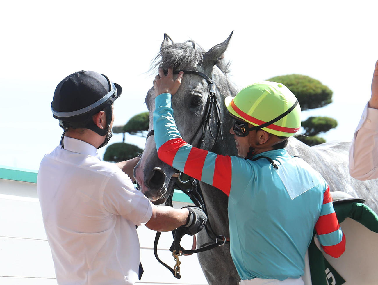北九州記念を制し、ヤマニンアルリフラをなでる団野騎手（撮影・白石智彦）