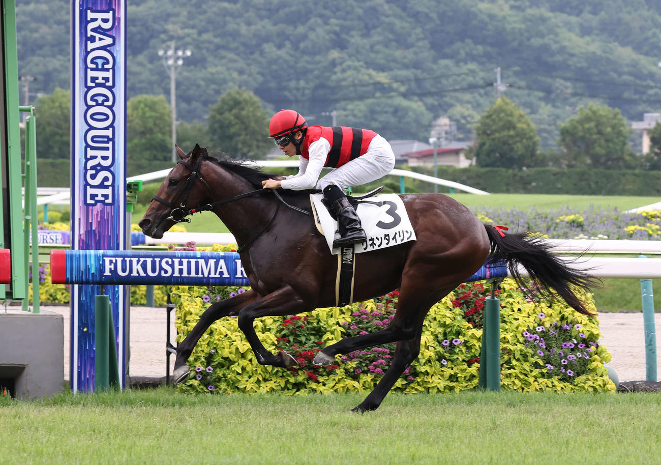 福島4R、2歳新馬戦を制したリネンタイリンと柴田大騎手（撮影・丹羽敏通）