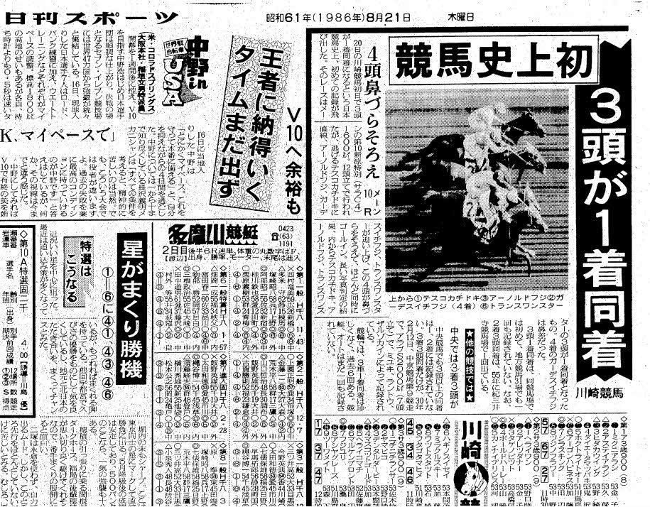 1986年の3頭同着を報じる当時の紙面