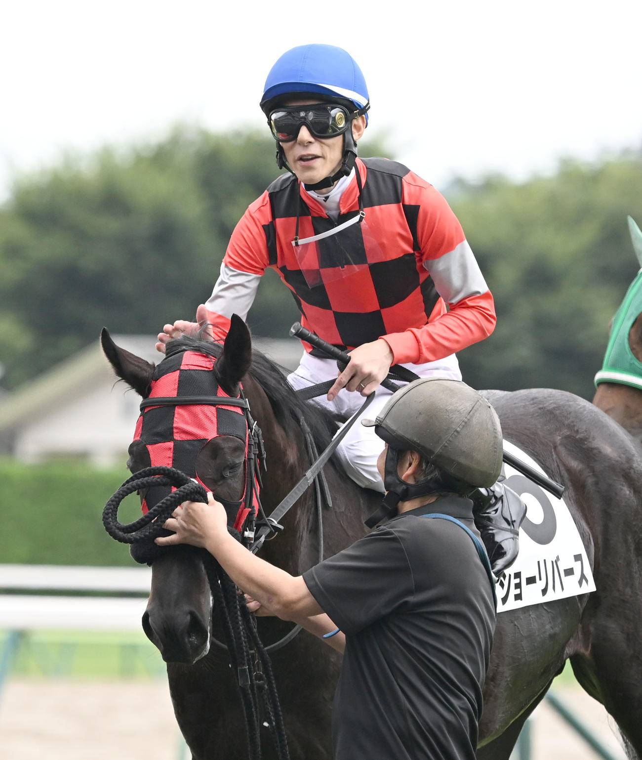 福島6R、2歳新馬戦を制し、ショーリバースをねぎらう津村騎手（撮影・千葉一成）