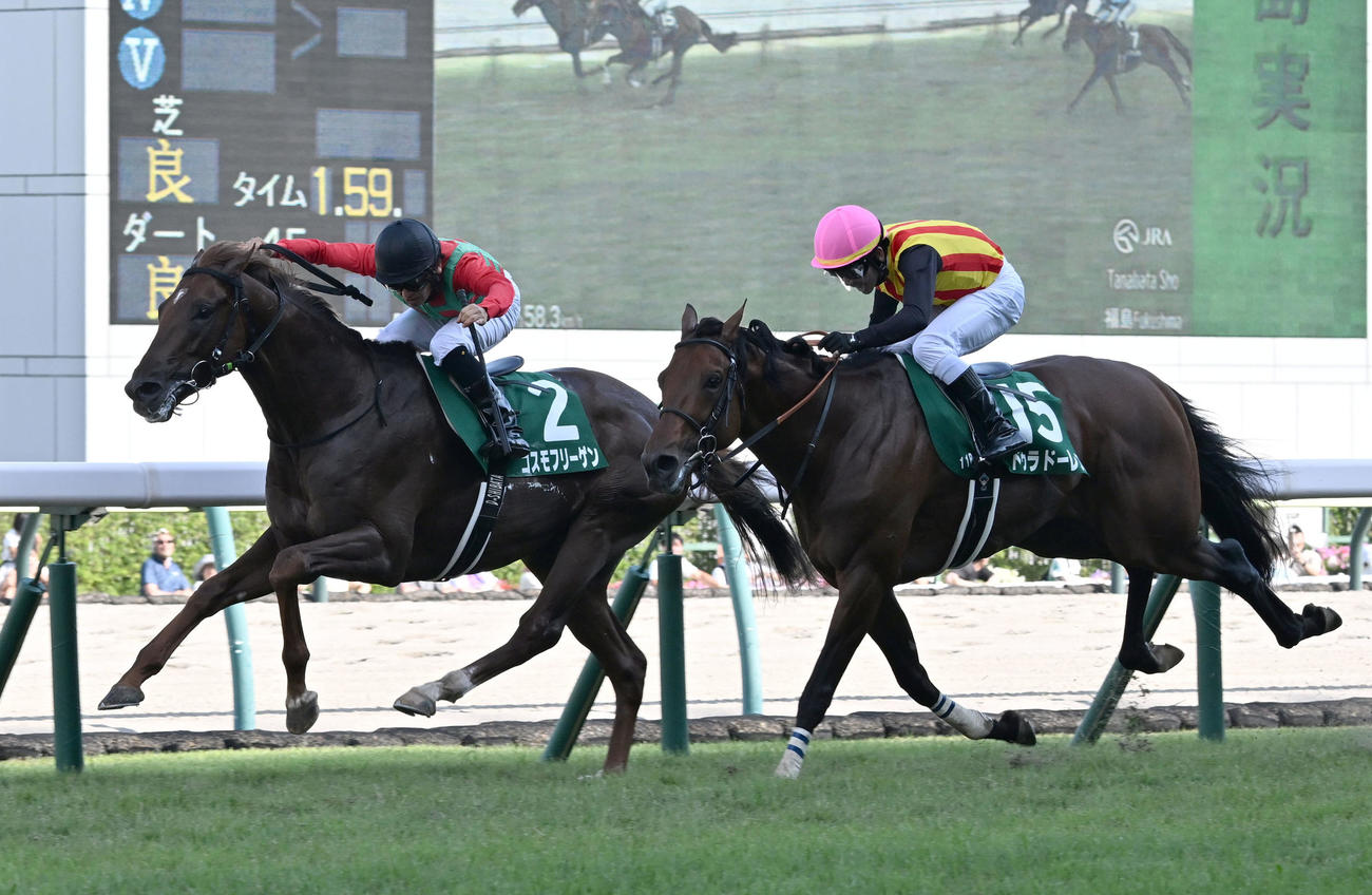 七夕賞を制したコスモフリーゲンと柴田騎手。右は2着のドゥラドーレス（撮影・千葉一成）