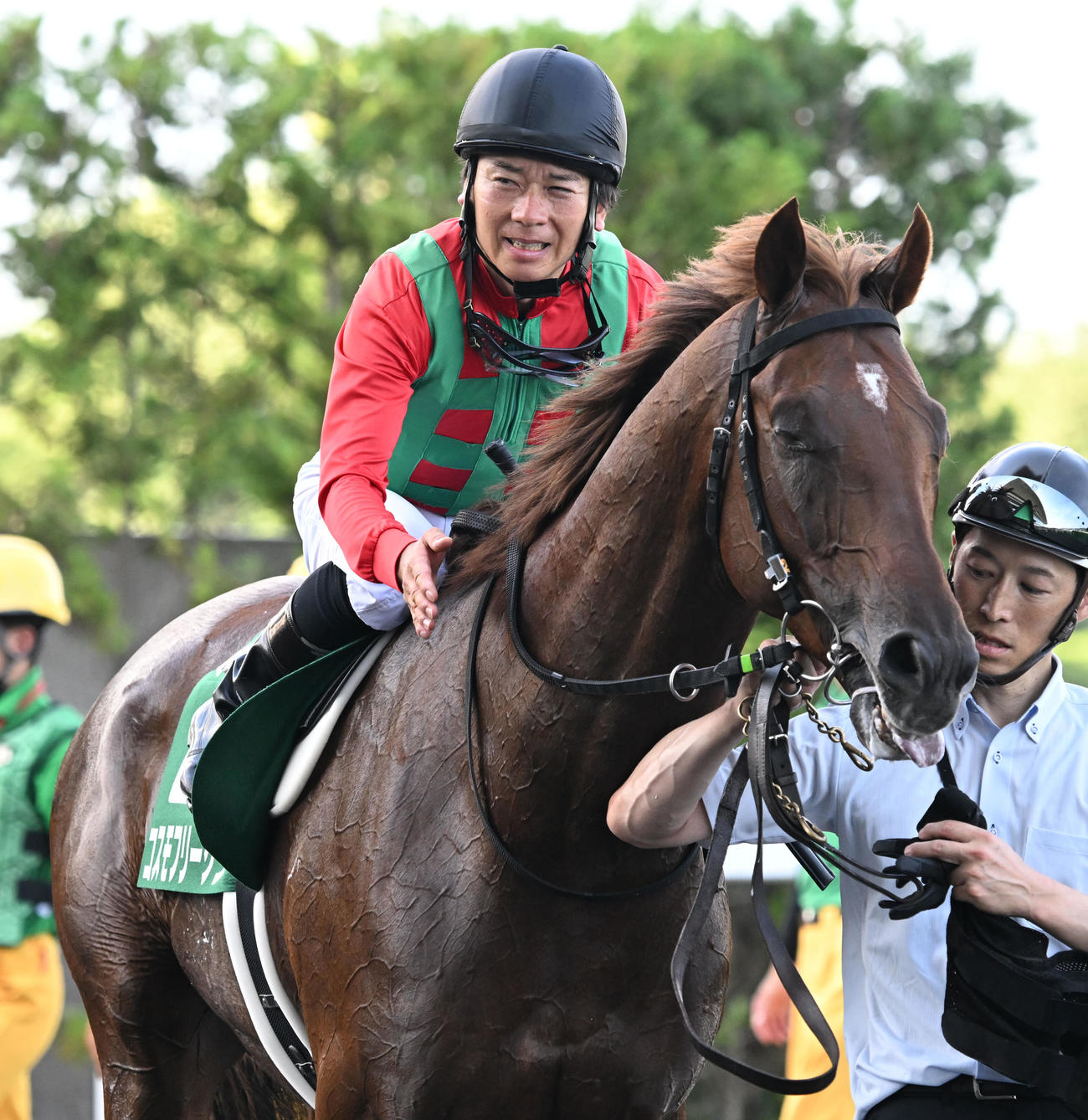 七夕賞を制し、コスモフリーゲンの鞍上で感極まる柴田大騎手（撮影・千葉一成）