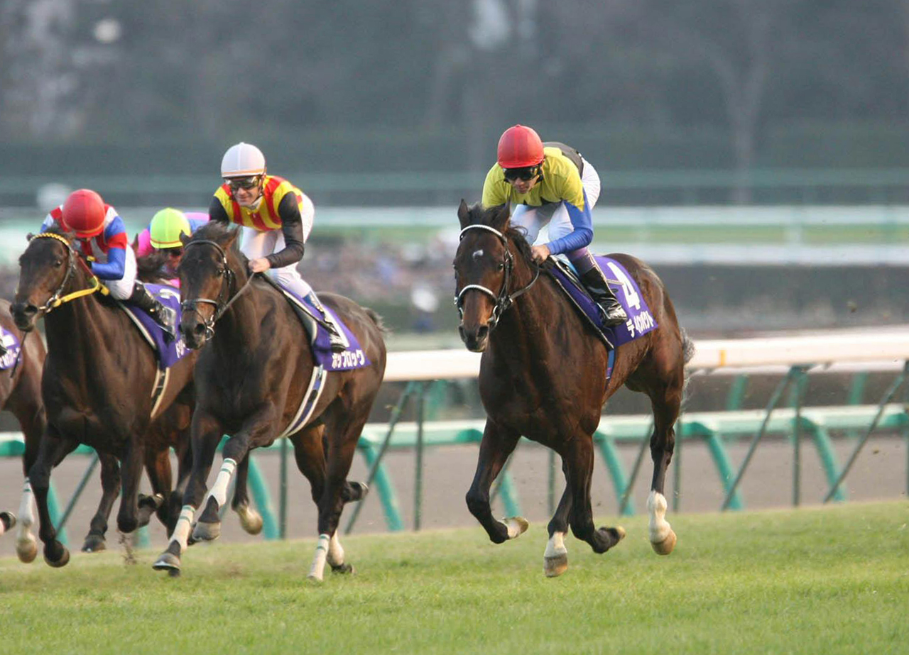 06年有馬記念で内田騎手騎乗のドリームパスポート（左）をかわすディープインパクト