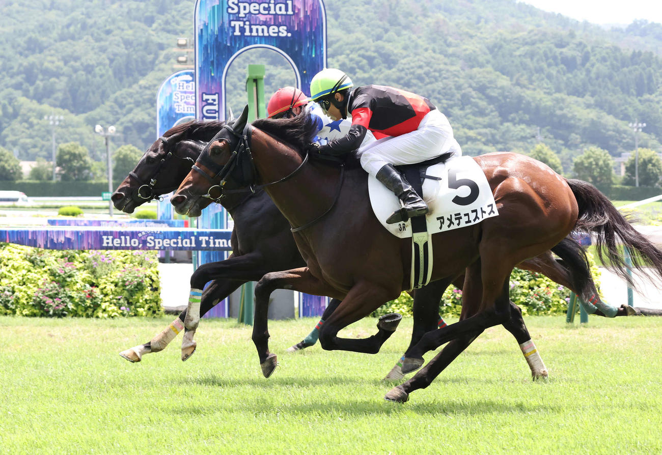 福島3R、2歳未勝利戦を制したアメテュストスと大野騎手（手前）（撮影・丹羽敏通）