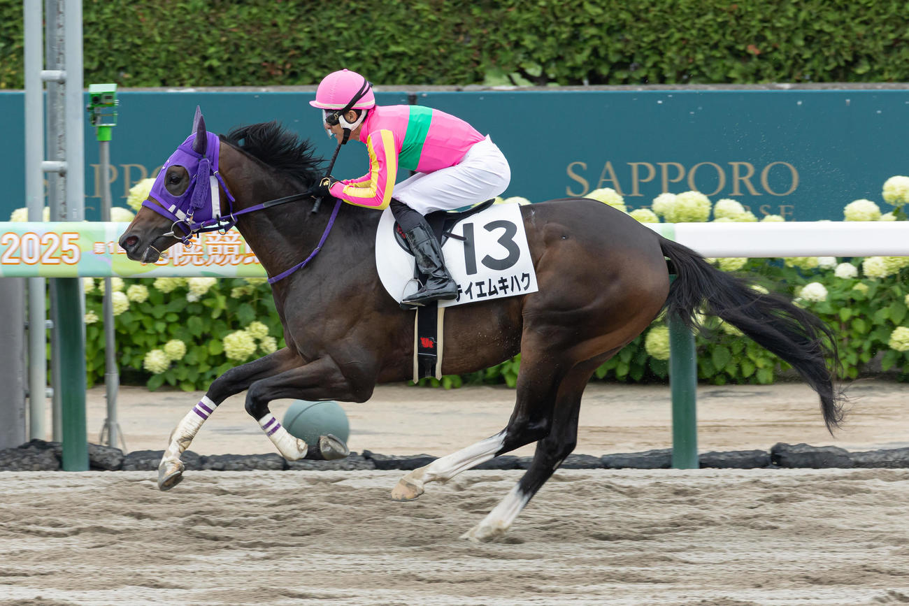 札幌5R、デビュー戦を制したテイエムキハクと丹内騎手（撮影・村野早祐）