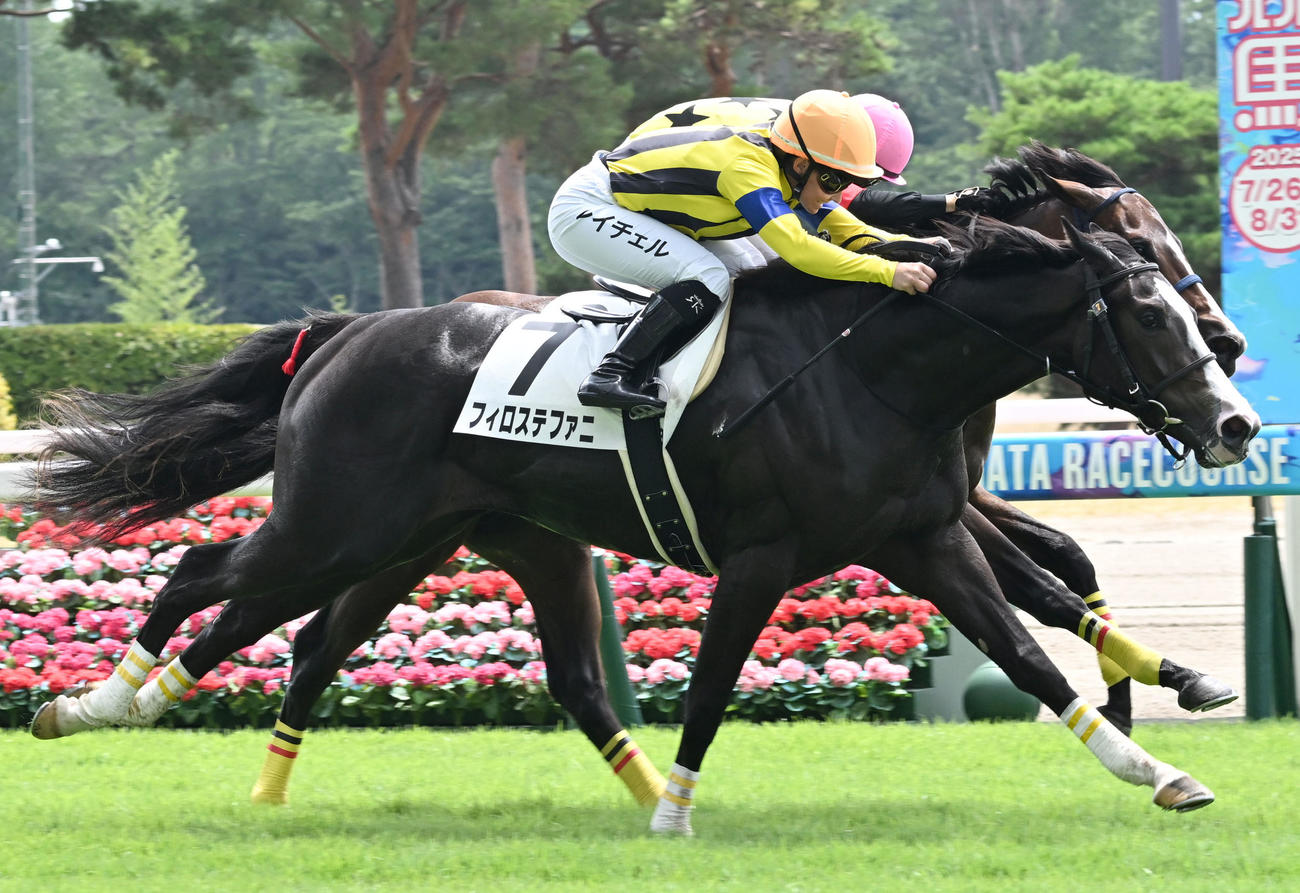 新潟3R、2歳新馬戦を制したフィロステファニとキング騎手（撮影・千葉一成）