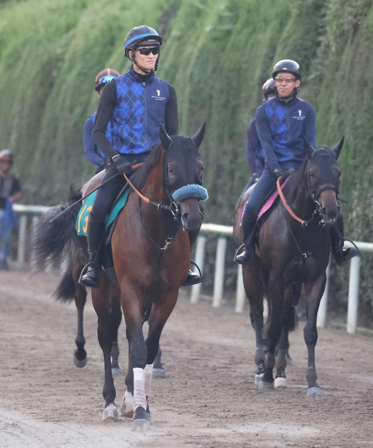 乗り運動で調整するイナズマダイモン（左）（撮影・丹羽敏通）