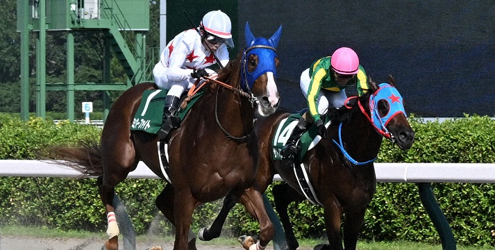 レパードステークスを制したミッキーファイトと戸崎圭太騎手（左）。右は２着のサトノフェニックス＝２０２４年８月４日