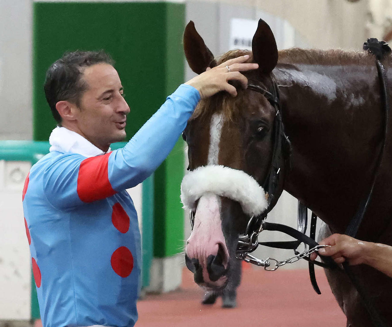 新馬戦を制したプロメサアルムンドの頭をなでてねぎらうルメール騎手