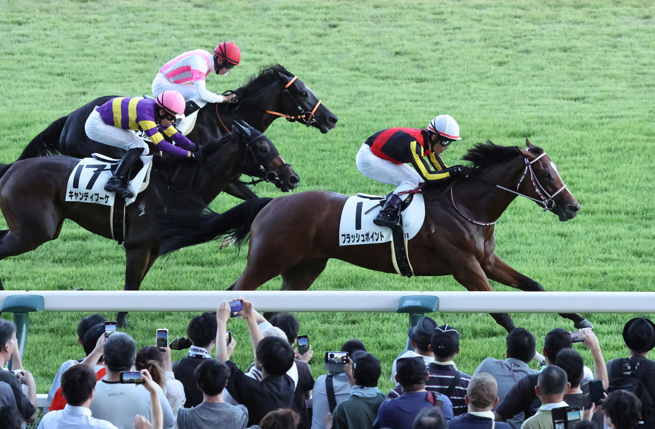3歳未勝利戦を制したフラッシュポイントと戸崎騎手（手前）。奥へ2着キャンディブーケ、3着チュッチュポッポ