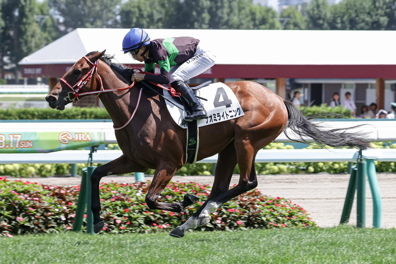 札幌5R、デビュー戦を制したナオミライトニングと佐々木騎手（撮影・村野早祐）