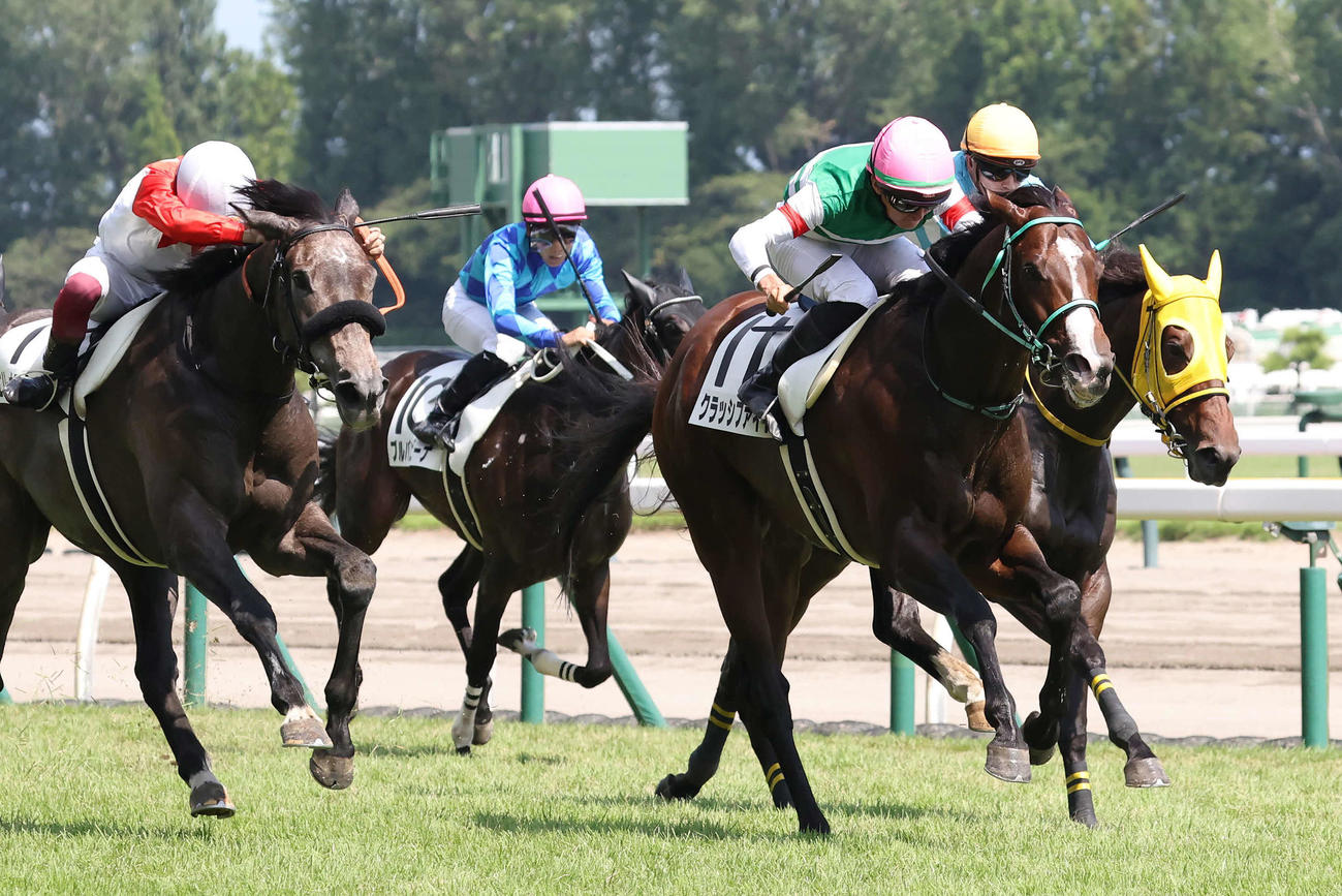 新潟7R、3歳上1勝クラスを制したクラッシファイドと岩田望騎手（左から3頭目）（撮影・丹羽敏通）