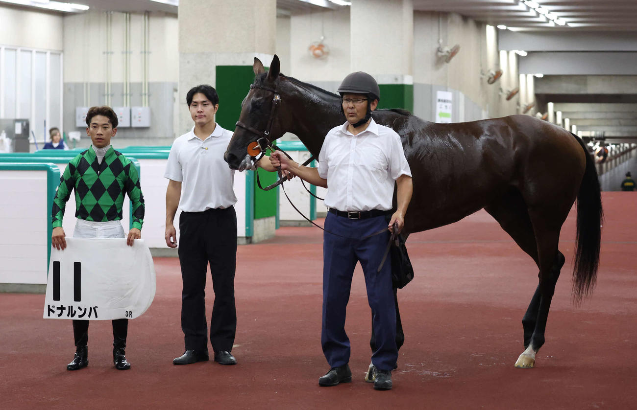 新潟3R、2歳未勝利戦を制したドナルンバの口取りをする荻野極騎手と上原佑師（撮影・丹羽敏通）