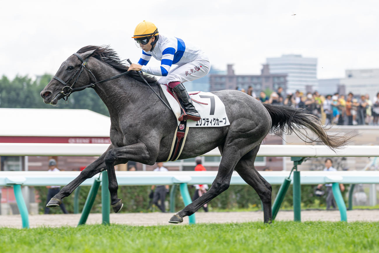 札幌5R、デビュー戦を制したエリプティクカーブと横山武騎手（撮影・村野早祐）
