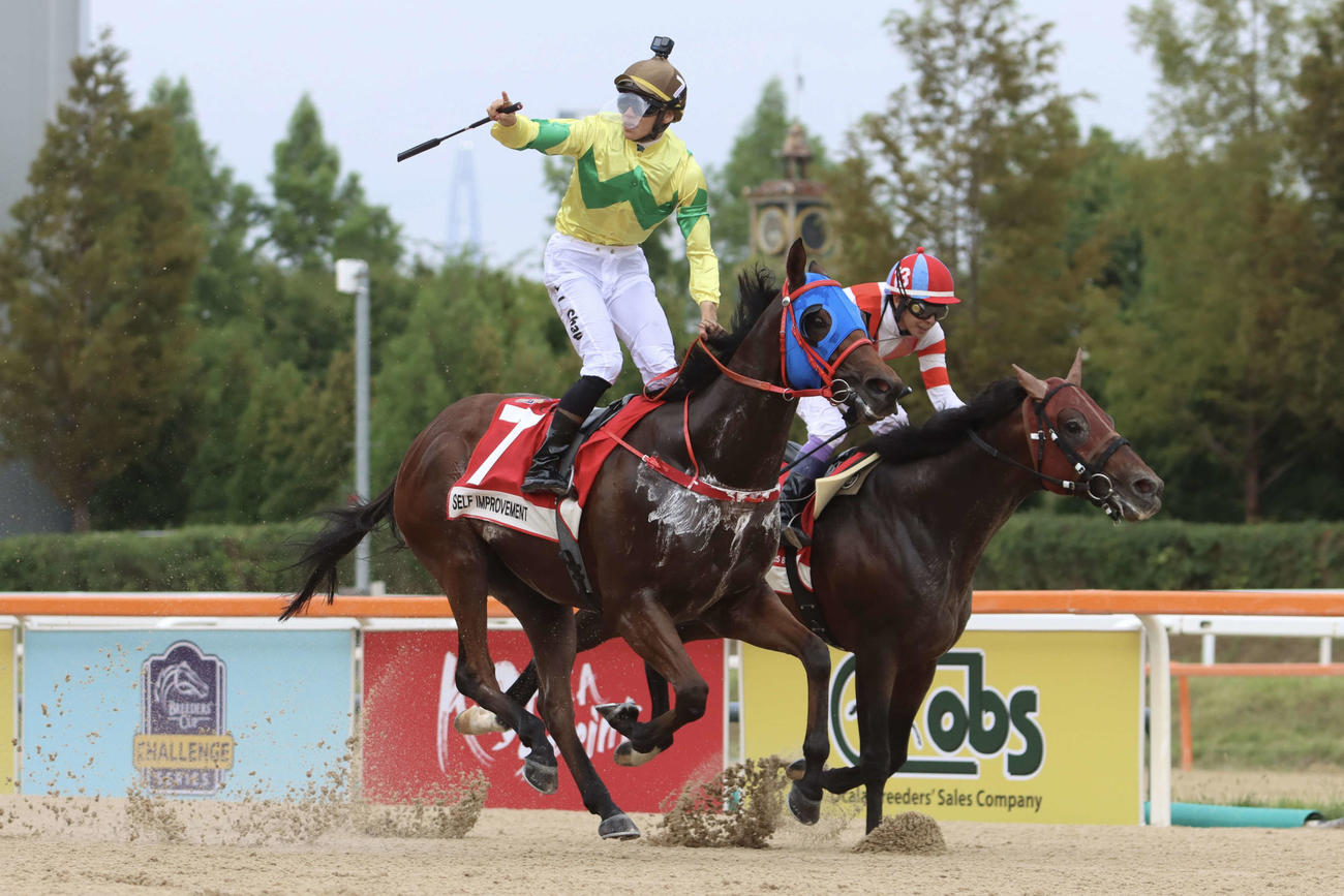 コリアSPを制した香港のセルフインプルーブメント（左）。右は2着チカッパと武豊騎手（撮影・牛山基康）