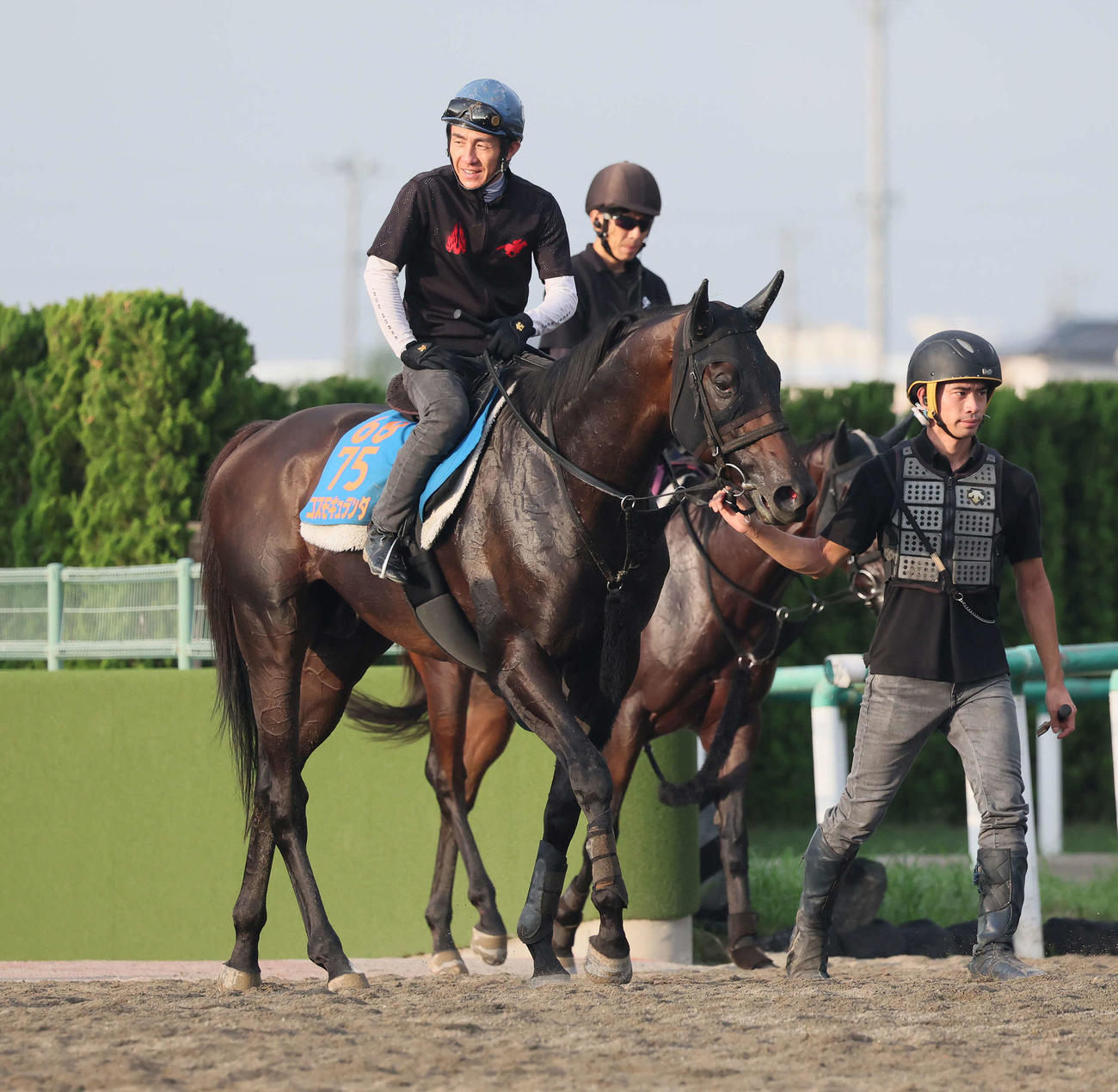 追い切りを終えて馬場を出るコスモキュランダと丹内騎手（撮影・丹羽敏通）