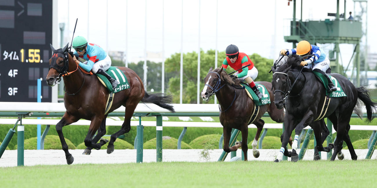 チャレンジCで2着に敗れたグランヴィノス（右端）