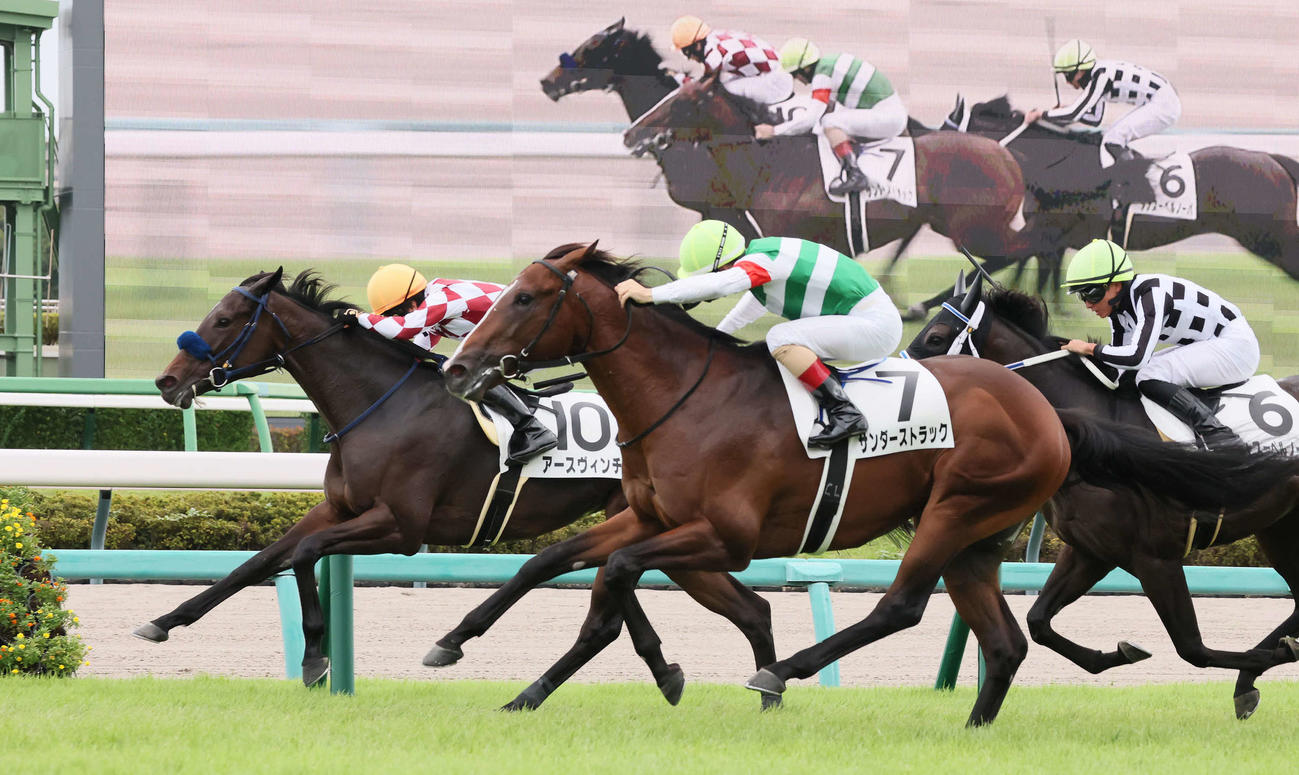 中山5R、2歳新馬戦を制したサンダーストラックとルメール騎手（手前）（撮影・丹羽敏通）