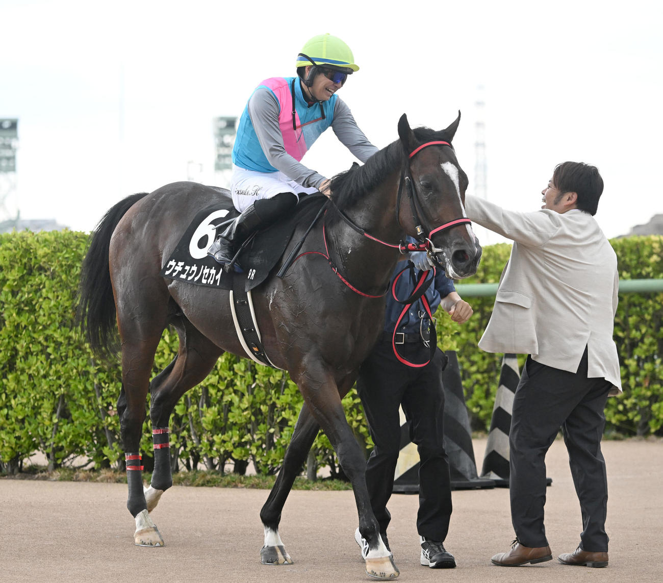 中山9R、カンナSをウチュウノセカイで制し、青木師（右）と喜ぶ原騎手（撮影・千葉一成）