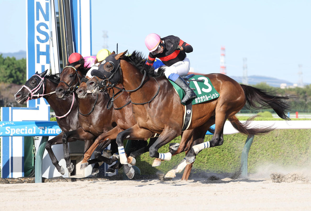 阪神11R、シリウスSを制したホウオウルーレット（右）の岩田康騎手はガッツポーズ（撮影・白石智彦）