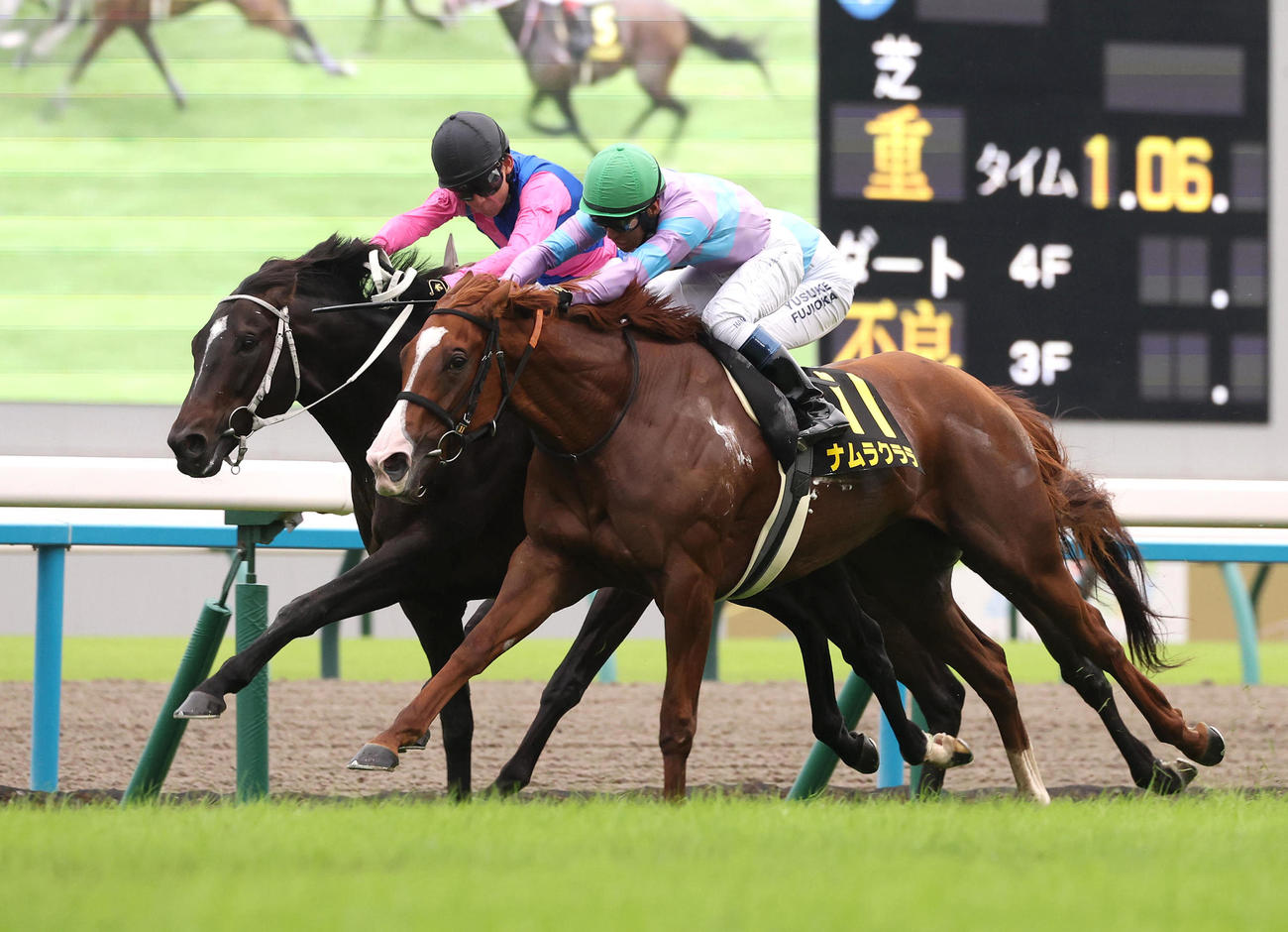 ナムラクララ（右）を内から差し切ってオパールSを制したメイショウソラフネ（撮影・白石智彦）