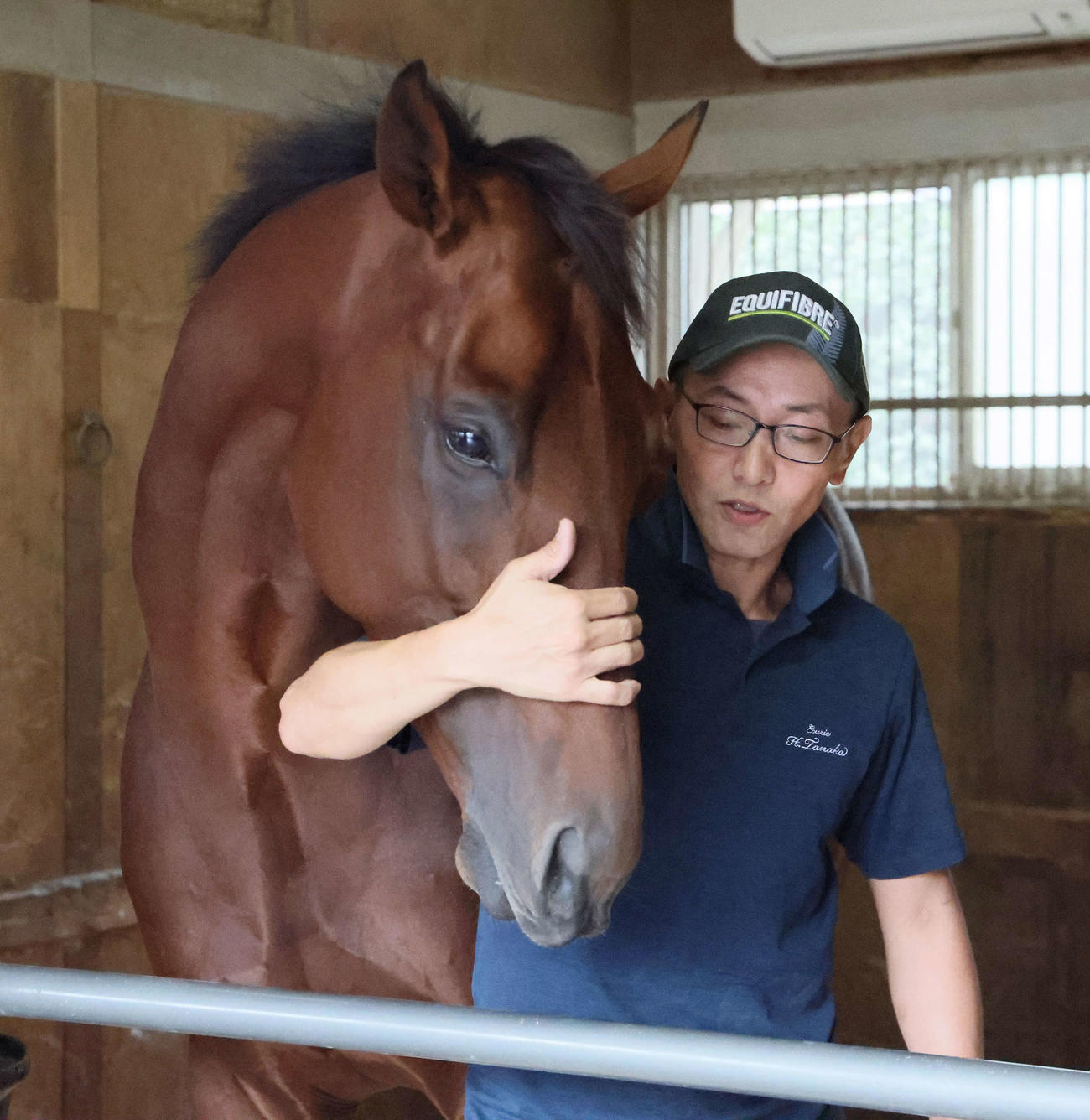 ジャパンダートCの優勝から一夜明けて、担当の田端厩務員に甘えるナルカミ（撮影・丹羽敏通）