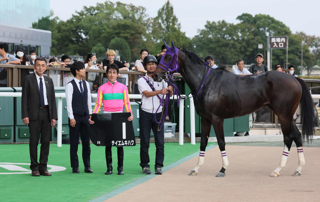 東京8R、プラタナス賞を制したテイエムキハクの口取りをする伊藤圭師と丹内騎手（撮影・丹羽敏通）
