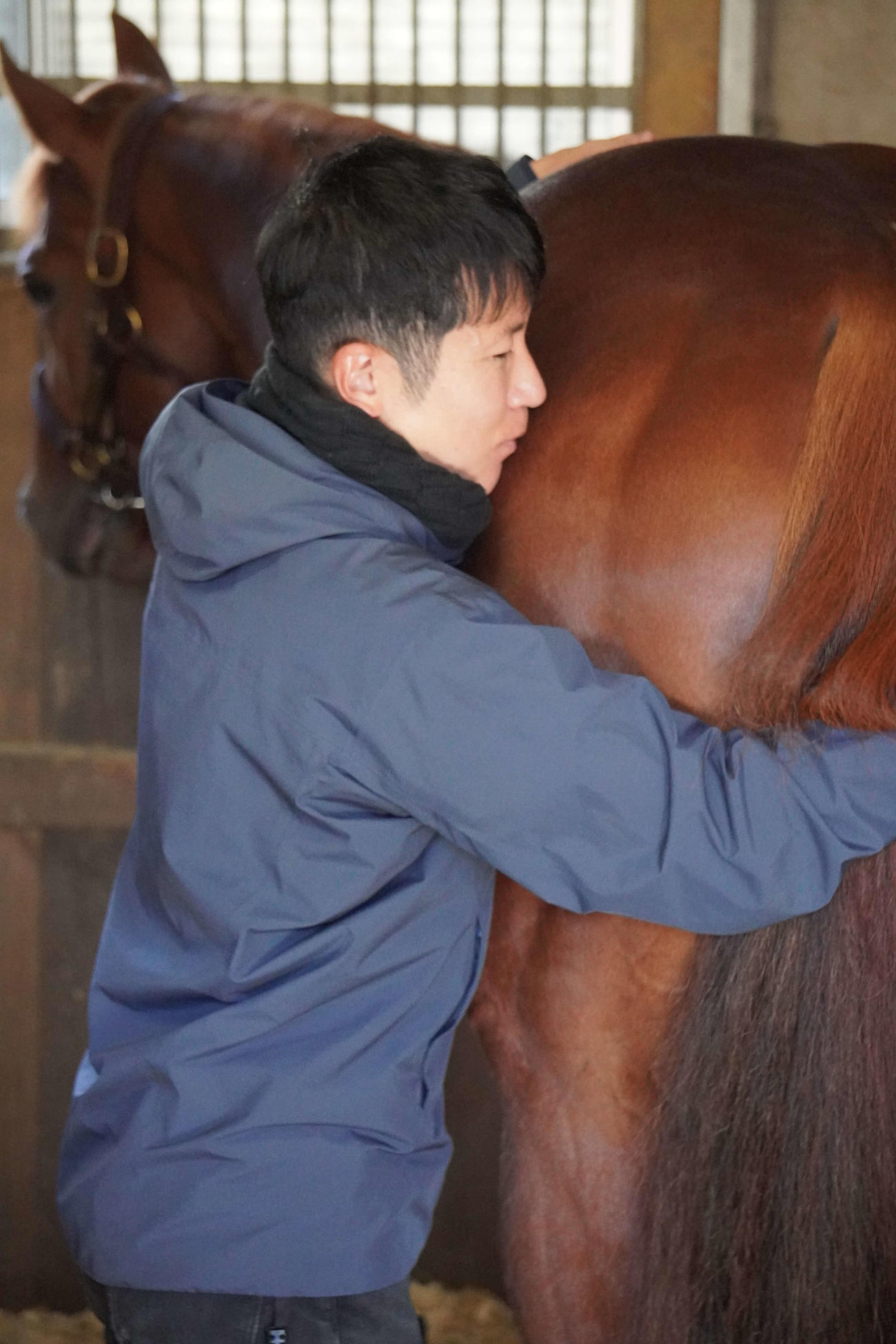 レモンポップのバキバキのトモに顔をつける田中博康調教師