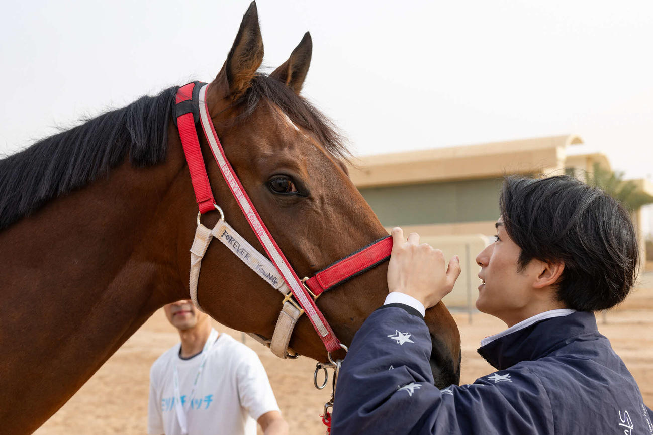 フォーエバーヤングの顔をなでる坂井瑠星騎手（C）Jockey Club of Saudi Arabia／Neville Hopwood