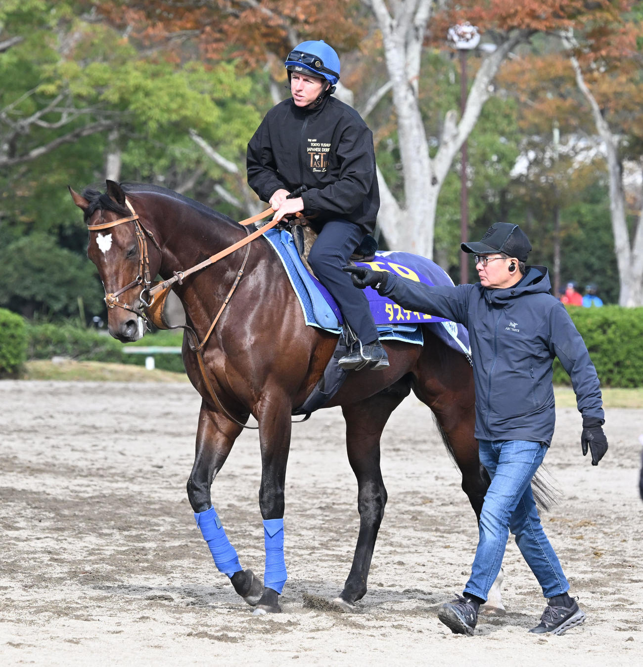 馬場に向かうタスティエーラとプーシャン騎手。右は堀師（撮影・千葉一成）