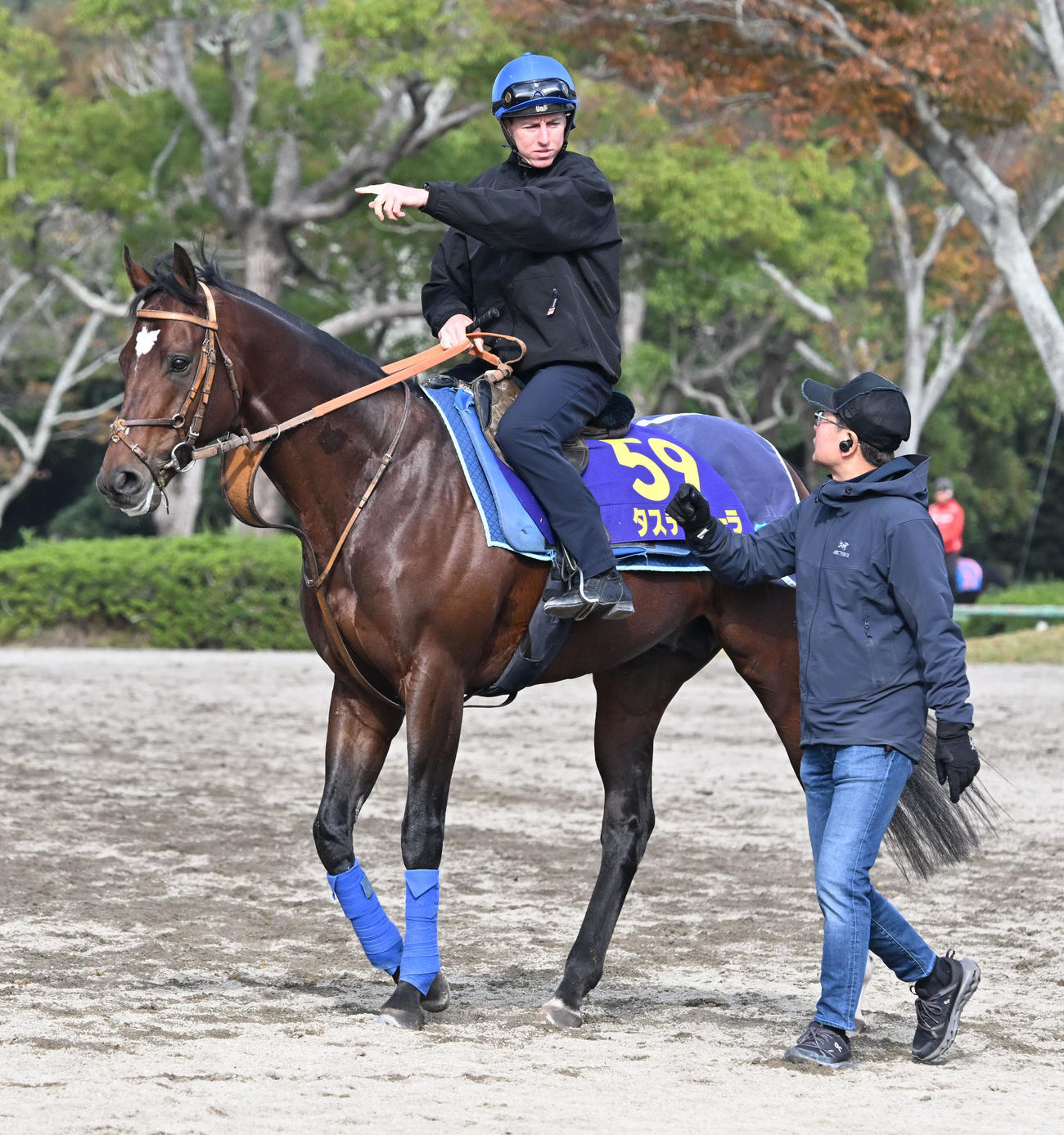 馬場に向かうタスティエーラとレーン騎手。右は堀師（撮影・千葉一成）